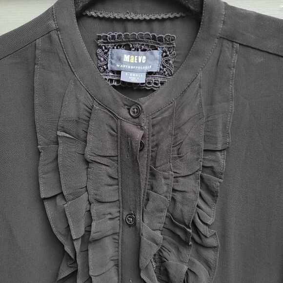 Mauve by Anthropologie Sheer Black Ruffle Button Down Top XS - Picture 5 of 11